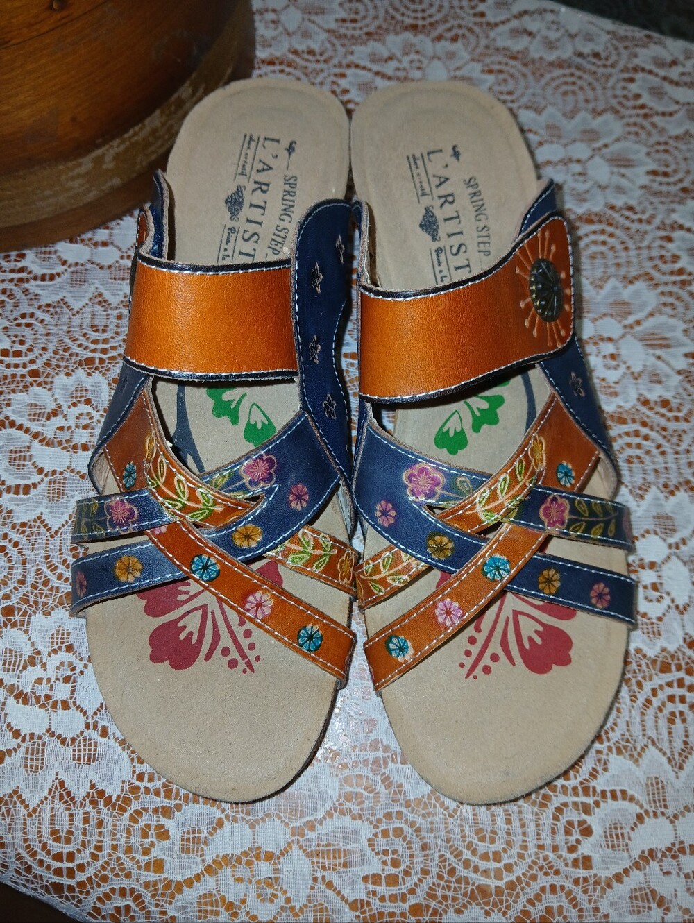L'Artiste Spring Step Swan Floral Leather Wedge Sandals Size 40 - Picture 3 of 11